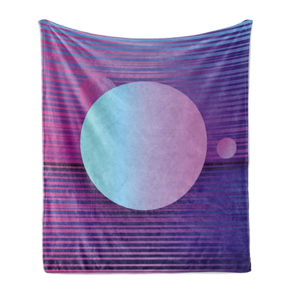 Synthwave Soft Flannel Fleece Throw Blanket, Abstract Contemporary Futuristic Art with Stripes and Galactic Rounds, Cozy Plush for Indoor and Outdoor Use, 50" x 70", Fuchsia Blue Violet, by Ambesonne