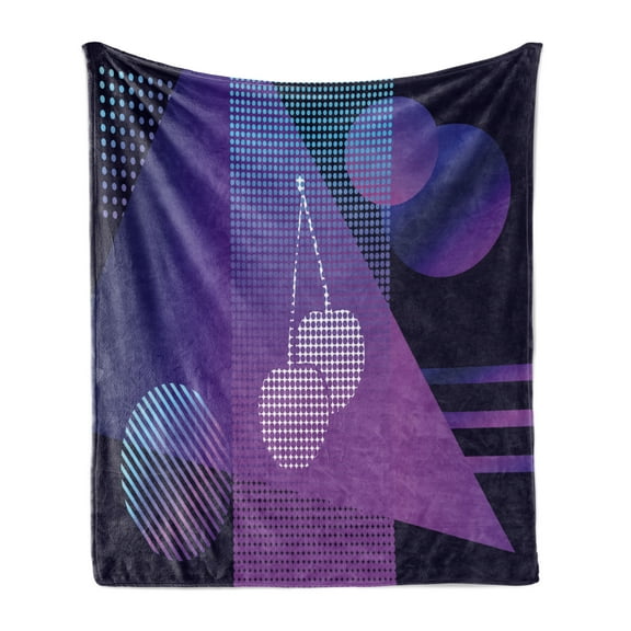 Synthwave Soft Flannel Fleece Throw Blanket, Modern Design Illustration of Geometric Shapes Dots and Cherry, Cozy Plush for Indoor and Outdoor Use, 50" x 60", Violet Indigo and Lavender, by Ambesonne
