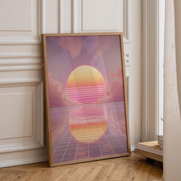Synthwave Sunset Retro Futuristic Landscape Neon 80S Aesthetic Vaporwave Home Decor, Unframed Poster