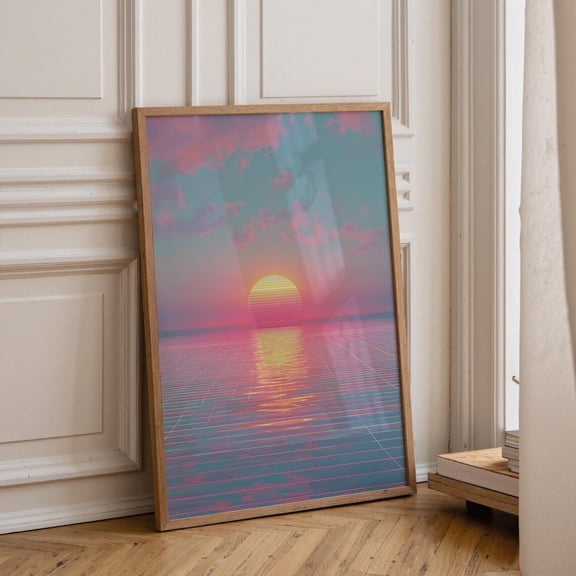 Synthwave Sunset Retro Futuristic Landscape Neon 80S Aesthetic Vaporwave Home Decor, Unframed Poster