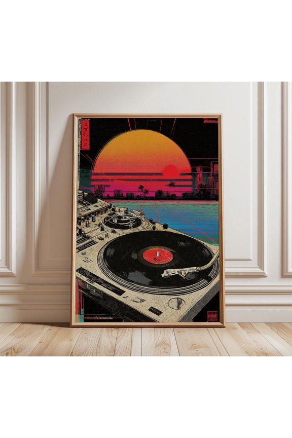 Synthwave Vinyl Sunset Poster, Unframed Paper Poster 8x10in
