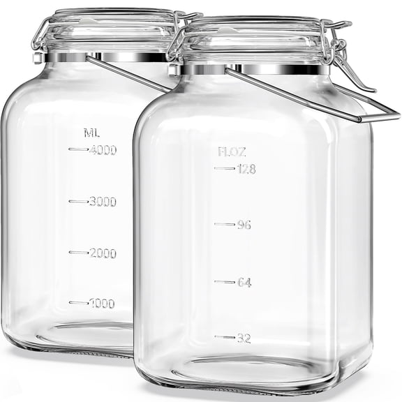 Syntic 2 Pack 1.5 Gallon Glass Jar with Airtight Lid, 192 oz Square Wide Mouth Mason Jars with Stainless Steel Handle, Large Glass Storage Containers for Canning, Flour, Sugar, Rice, Pickled Eggs