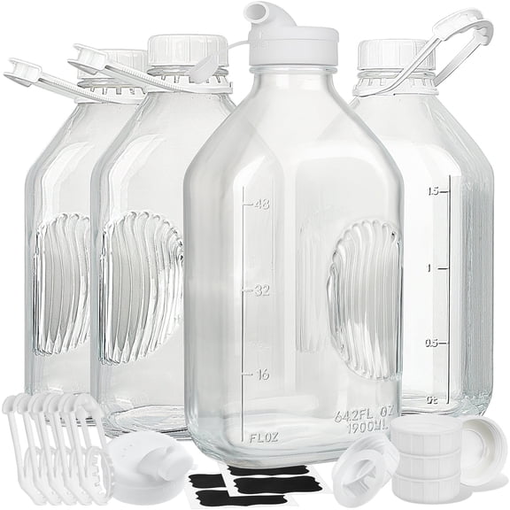 Syntic 4 Pack Glass Milk Bottles with Handle and Airtight Reusable Screw Lids, 1/2 Gal Glass Water & Juice Bottles with 2 Pour Spouts, 64 Oz Milk Jug Pitcher