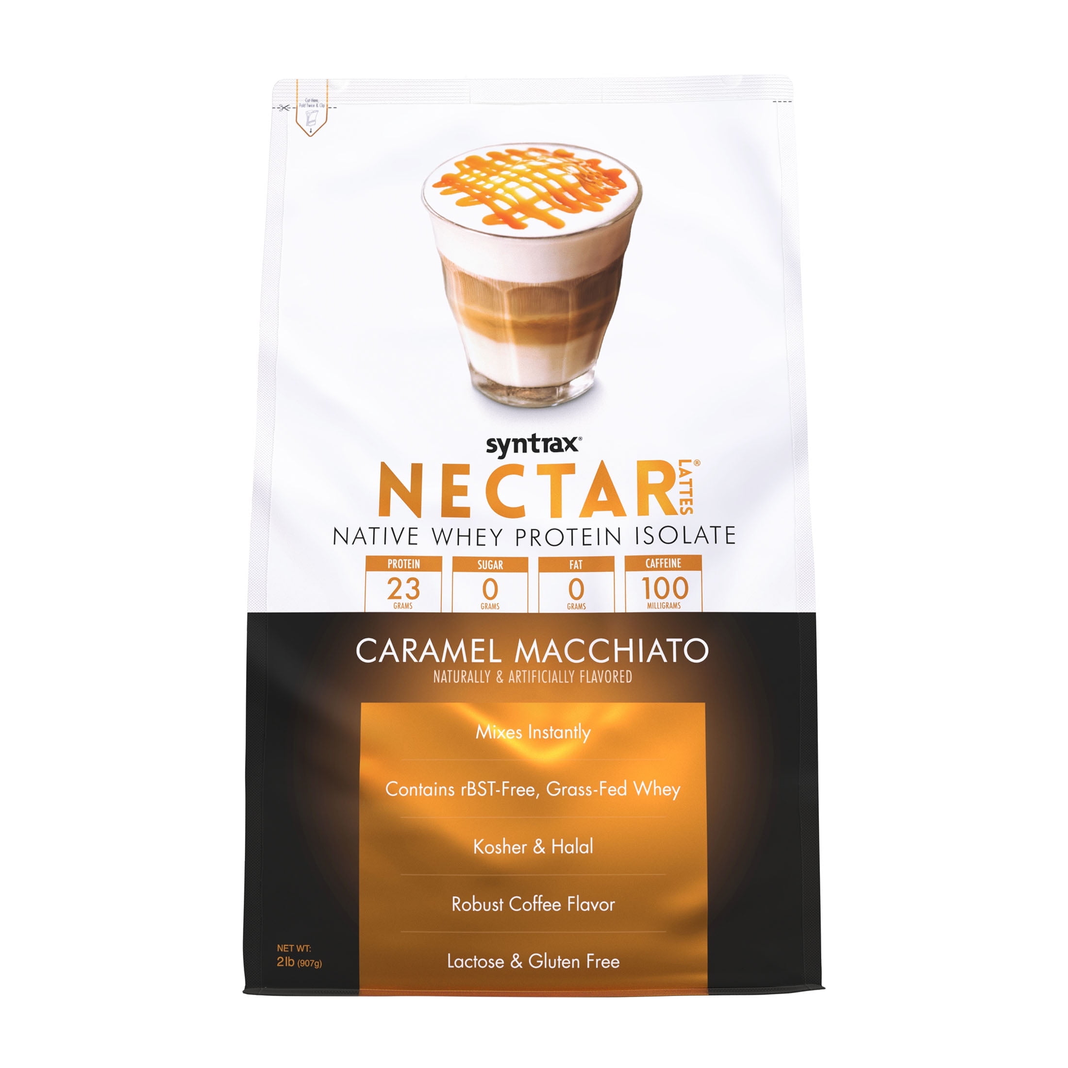 Syntrax Nectar Lattes, Caramel Macchiato, 2 lb. Native Whey Protein Isolate Powder, with 100mg of Caffeine