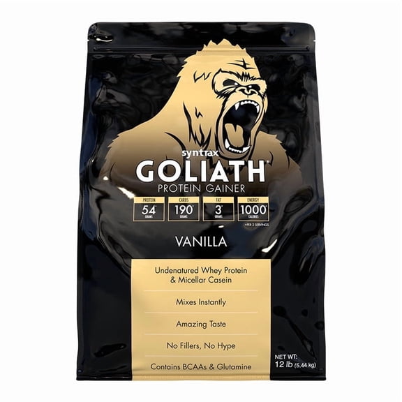 Syntrax Goliath Mass Gainer Protein Powder, Undenatured Whey & Micellar Casein, Vanilla, 12 lb