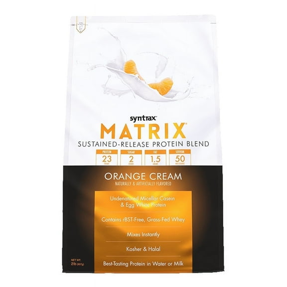 Syntrax Matrix, Sustained-Release Protein Powder Blend (whey protein concentrate, micellar casein) Orange Cream 2 lbs. - Smooth & Creamy Flavor
