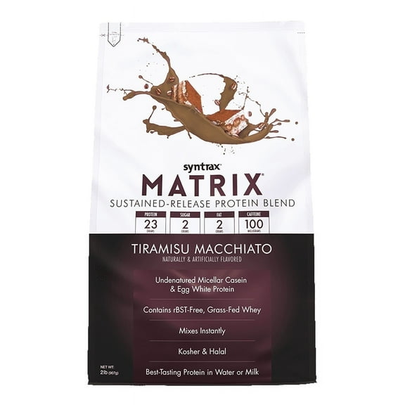 Syntrax Matrix, Tiramisu Macchiato, 2 lbs - Powerful Sustained-Release Protein Powder Blend - 100mg Caffeine - 25 Servings