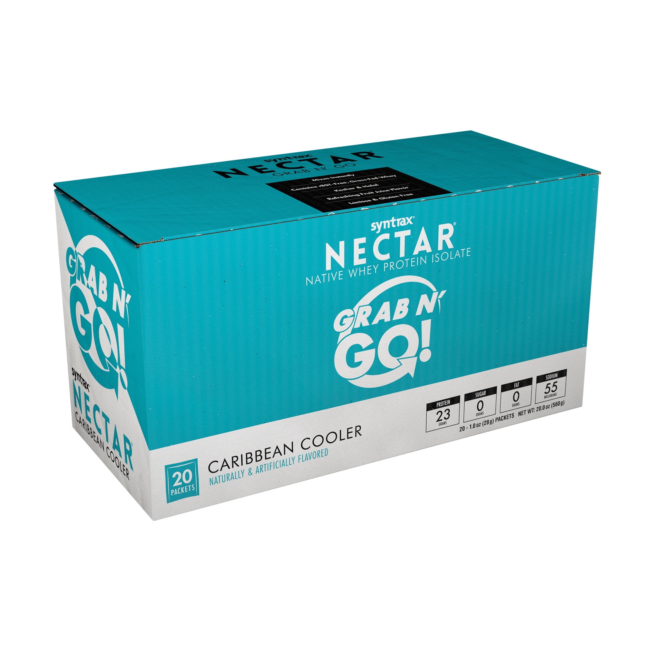 Syntrax Nectar Grab N' Go, 100% Whey Protein Isolate Protein Powder, Caribbean Cooler, 20 Packets (28g/Packet), Refreshing Fruit Juice Flavor