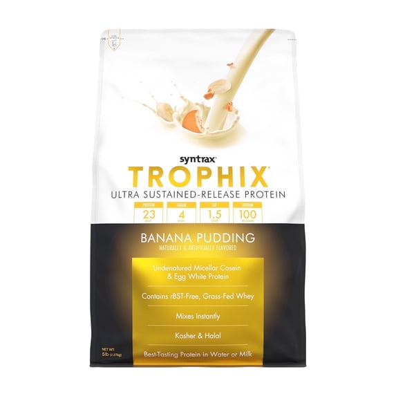 Syntrax Nutrition Trophix, Banana Pudding 5 lbs. Ultra Sustained-Release Protein Powder Blend, offers a Rich & Creamy Flavor