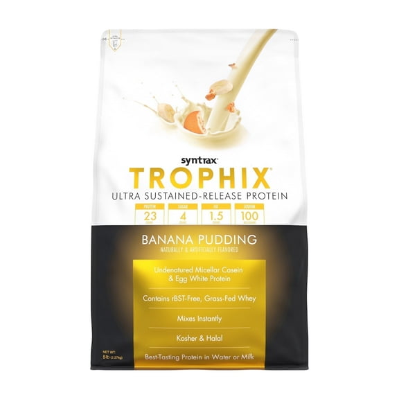 Syntrax Nutrition Trophix, Banana Pudding 5 lbs. Ultra Sustained-Release Protein Powder Blend, offers a Rich & Creamy Flavor