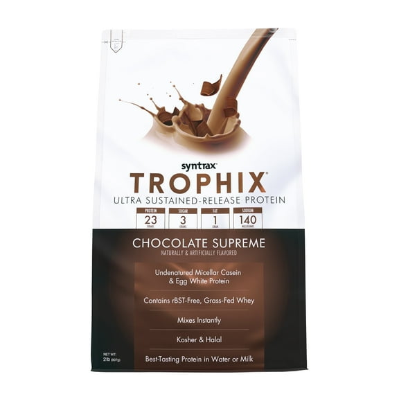 Syntrax Nutrition Trophix, Chocolate Supreme 2 lbs. Ultra Sustained-Release Protein Powder Blend, offers a Rich & Creamy Flavor