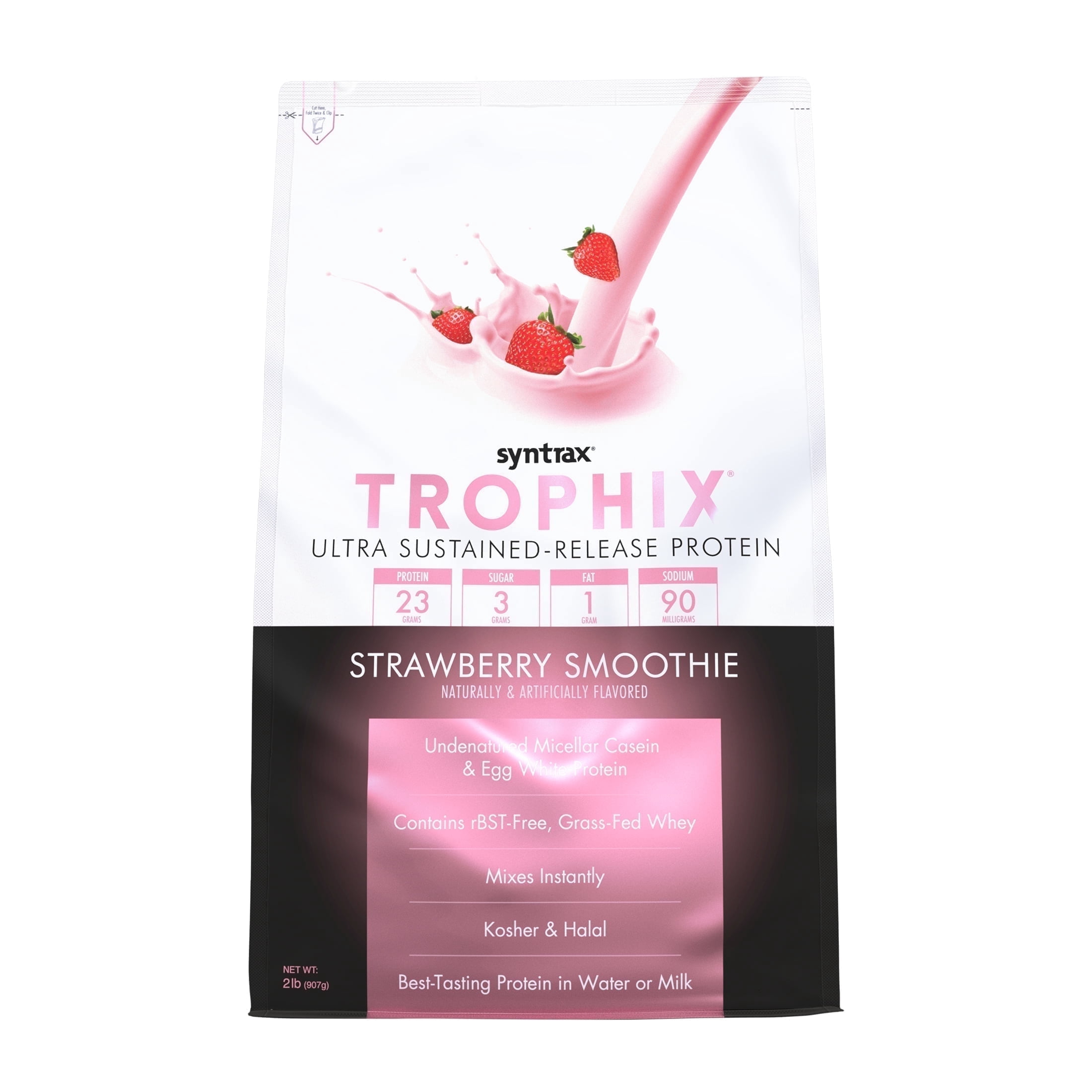 Syntrax Nutrition Trophix, Strawberry Smoothie 2 lbs. Ultra Sustained-Release Protein Powder Blend, offers a Rich & Creamy Flavor