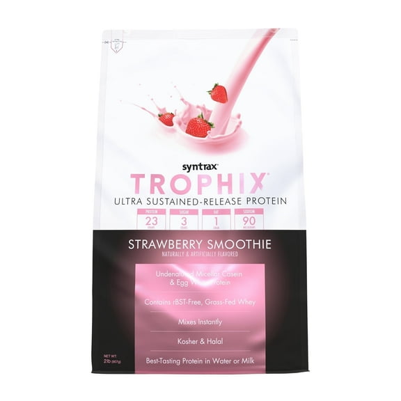 Syntrax Nutrition Trophix, Strawberry Smoothie 2 lbs. Ultra Sustained-Release Protein Powder Blend, offers a Rich & Creamy Flavor