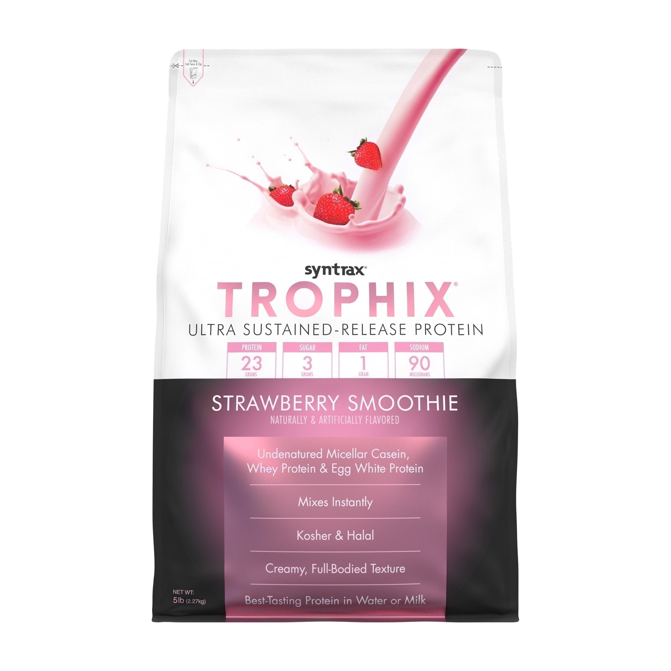Syntrax Nutrition Trophix, Strawberry Smoothie 5 lbs. Ultra Sustained-Release Protein Powder Blend, offers a Rich & Creamy Flavor