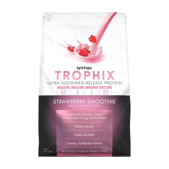 Syntrax Nutrition Trophix, Strawberry Smoothie 5 lbs. Ultra Sustained-Release Protein Powder Blend, offers a Rich & Creamy Flavor