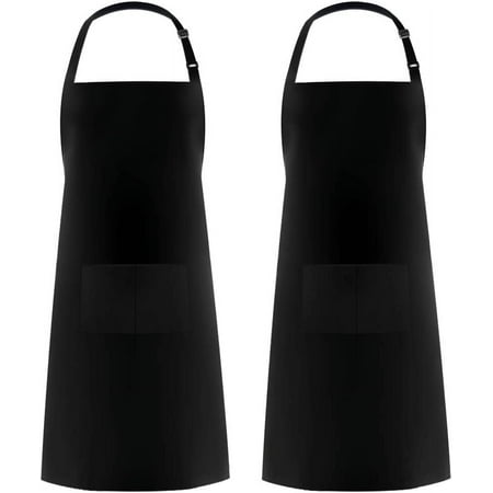 Syntus 2 Pack Adjustable Bib Apron Waterdrop Resistant with 2 Pockets Cooking Kitchen Aprons for Women Men Chef, Black