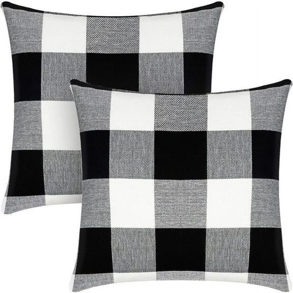 Syntus Set of 2 Buffalo Check Throw Pillow Covers Farmhouse Outdoor Plaid Square Pillow Cushion Case Black and White Polyester Linen for Christmas Thanksgiving Decor Car Bed Sofa, 18 x 18 inches