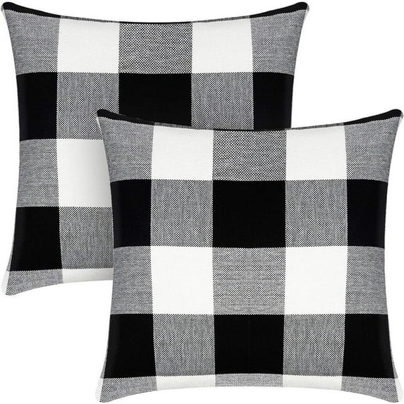 Syntus Set of 2 Buffalo Check Throw Pillow Covers Farmhouse Outdoor Plaid Square Pillow Cushion Case Black and White Polyester Linen for Christmas Thanksgiving Decor Car Bed Sofa, 18 x 18 inches