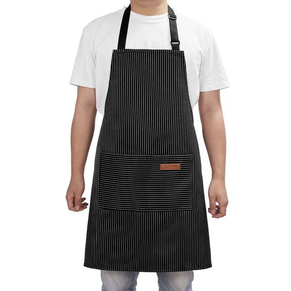 Syntus Unisex Kitchen Apron with Pockets, Adjustable, Stain-Resistant, 1-Pack Bib Apron, Black & White Stripe
