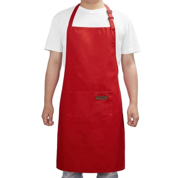 Syntus Unisex Kitchen Apron with Pockets, Adjustable, Stain-Resistant, 1-Pack Bib Apron, Red
