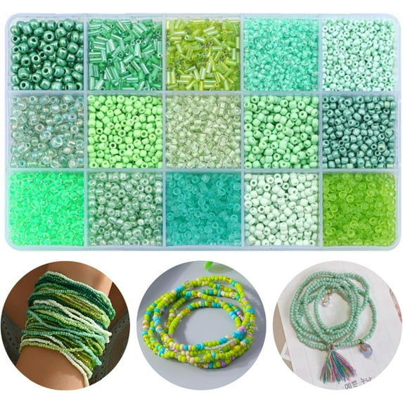 Synzerm 15 Color 4mm Small Assorted Glass Seed Beads,3mm Bugle Beads Friendship Bracelet Kit,2mm Tiny Tube Beads for Jewelry Making(Green Bead) S03