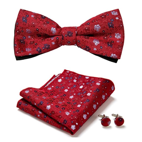 Synzerm Mens Solid Color Double Fold Pre-tied Bow Tie and Pocket Square Cufflink Set -36 Colors