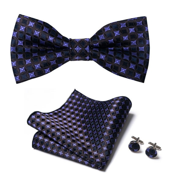Synzerm Mens Solid Color Double Fold Pre-tied Bow Tie and Pocket Square Cufflink Set