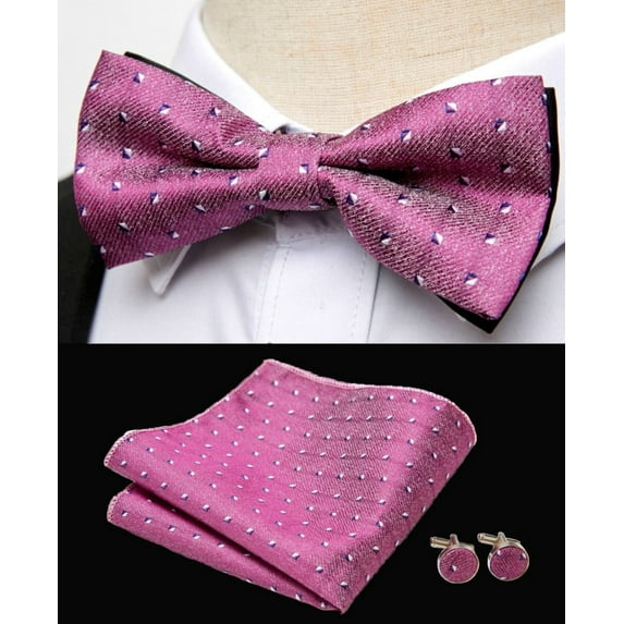 Synzerm Mens Solid Color Double Fold Pre-tied Bow Tie and Pocket Square Cufflink Set