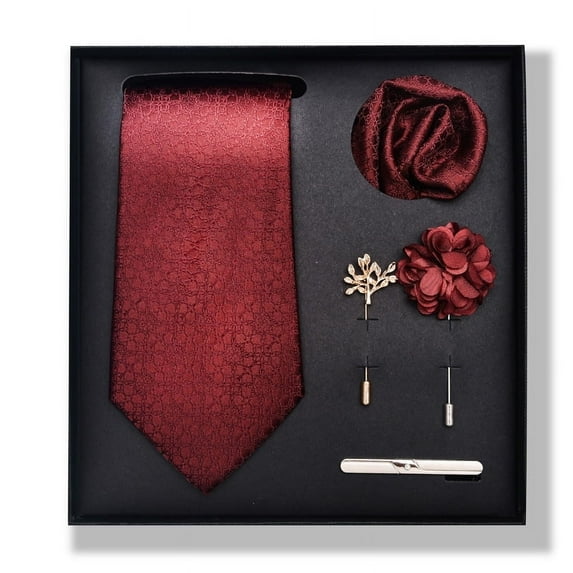 Synzerm Mens Tie Set 5 Pcs Solid Color Necktie, Pocket Square, Corsage, Brooch, Tie Clip, Tie Gift Box