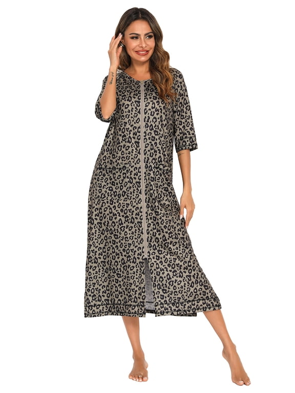 Womens Zipper Front Robe – Lightweight Cotton Summer Loungewear with 3/4 Sleeves & Pockets | Nursing-Friendly Zip-Up Design for Home, Beach & Travel