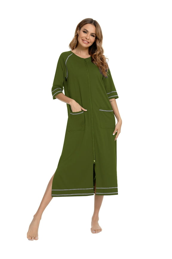 Womens Zipper Front Robe – Lightweight Cotton Summer Loungewear with 3/4 Sleeves & Pockets | Nursing-Friendly Zip-Up Design for Home, Beach & Travel