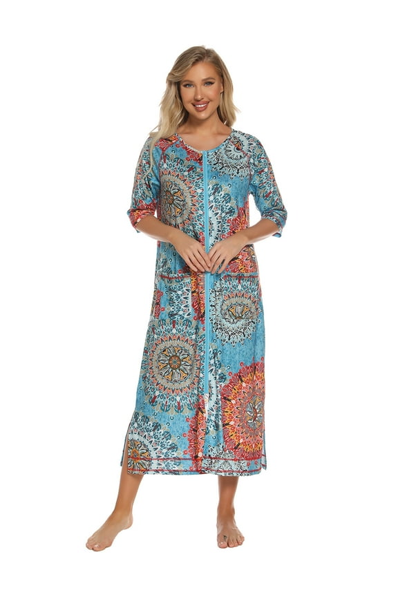 Womens Zipper Front Robe – Lightweight Cotton Summer Loungewear with 3/4 Sleeves & Pockets | Nursing-Friendly Zip-Up Design for Home, Beach & Travel