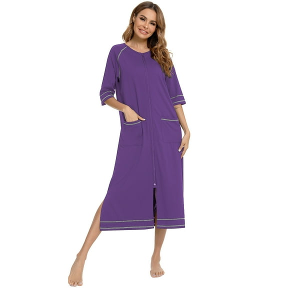 Syphoria Womens Zipper Front Robe – Lightweight Cotton Summer Loungewear with 3/4 Sleeves & Pockets | Nursing-Friendly Zip-Up Design for Home, Beach & Travel