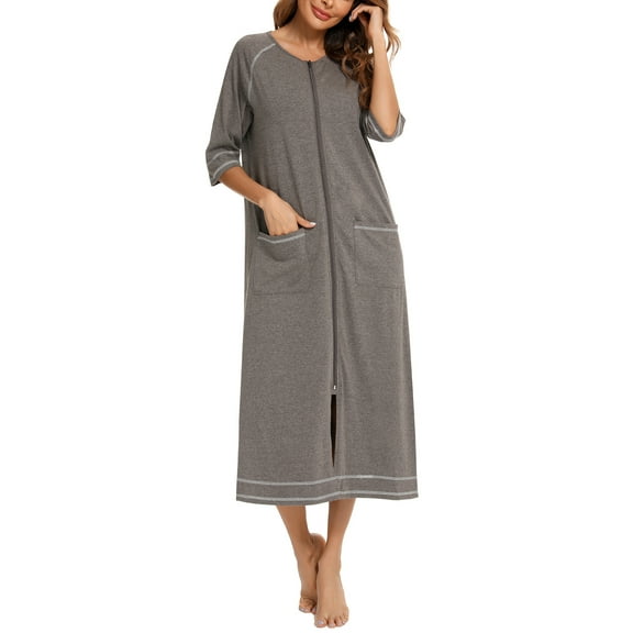 Syphoria Womens Zipper Front Robe – Lightweight Cotton Summer Loungewear with 3/4 Sleeves & Pockets | Nursing-Friendly Zip-Up Design for Home, Beach & Travel