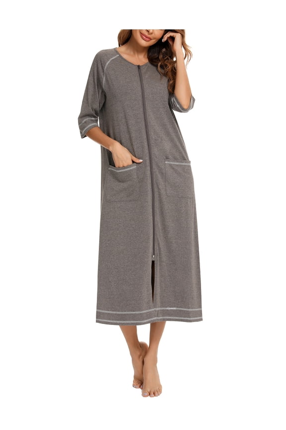 Womens Zipper Front Robe – Lightweight Cotton Summer Loungewear with 3/4 Sleeves & Pockets | Nursing-Friendly Zip-Up Design for Home, Beach & Travel