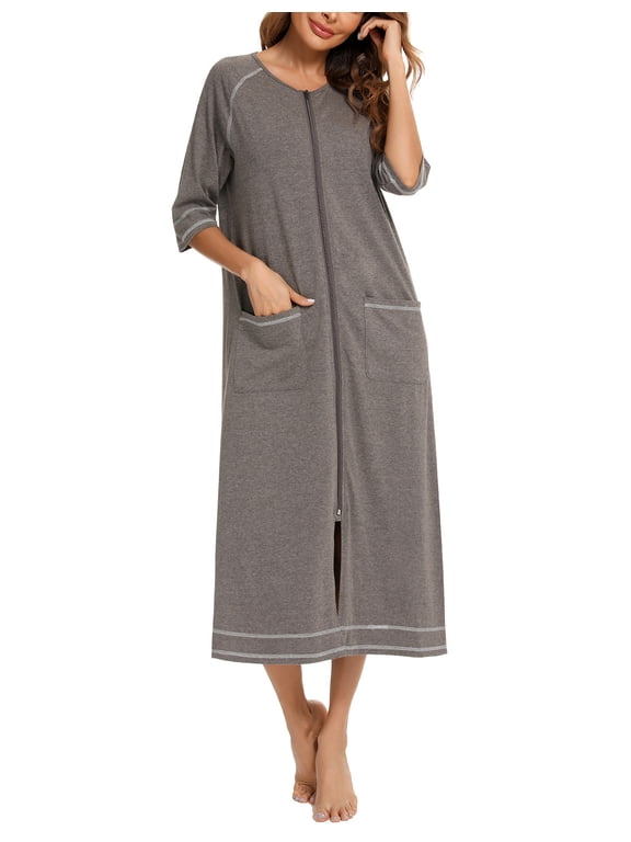 Womens Zipper Front Robe – Lightweight Cotton Summer Loungewear with 3/4 Sleeves & Pockets | Nursing-Friendly Zip-Up Design for Home, Beach & Travel