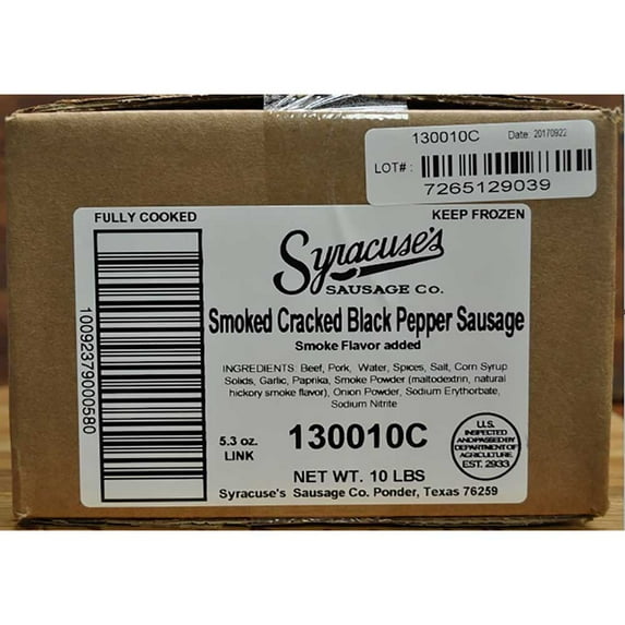 Syracuse Sausage Cracked Black Pepper Smoked Sausage, 10 Pound -- 1 Each.