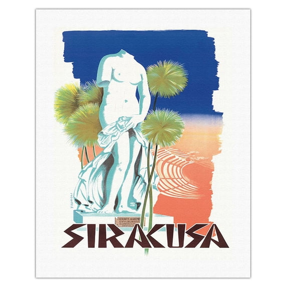 Syracuse - Sicily Italy - Aphrodite Anadiomene Statue of Venus - Vintage Travel Poster by Filippo Romoli c.1950s - Fine Art Rolled Canvas Print 20in x 26in