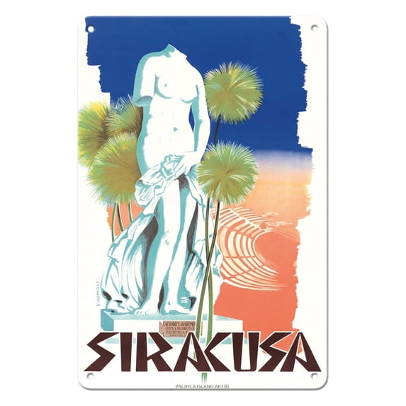 Syracuse - Sicily Italy - Aphrodite Anadiomene Statue of Venus - Vintage Travel Poster by Filippo Romoli c.1950s - 8 x 12 inch Vintage Metal Tin Sign