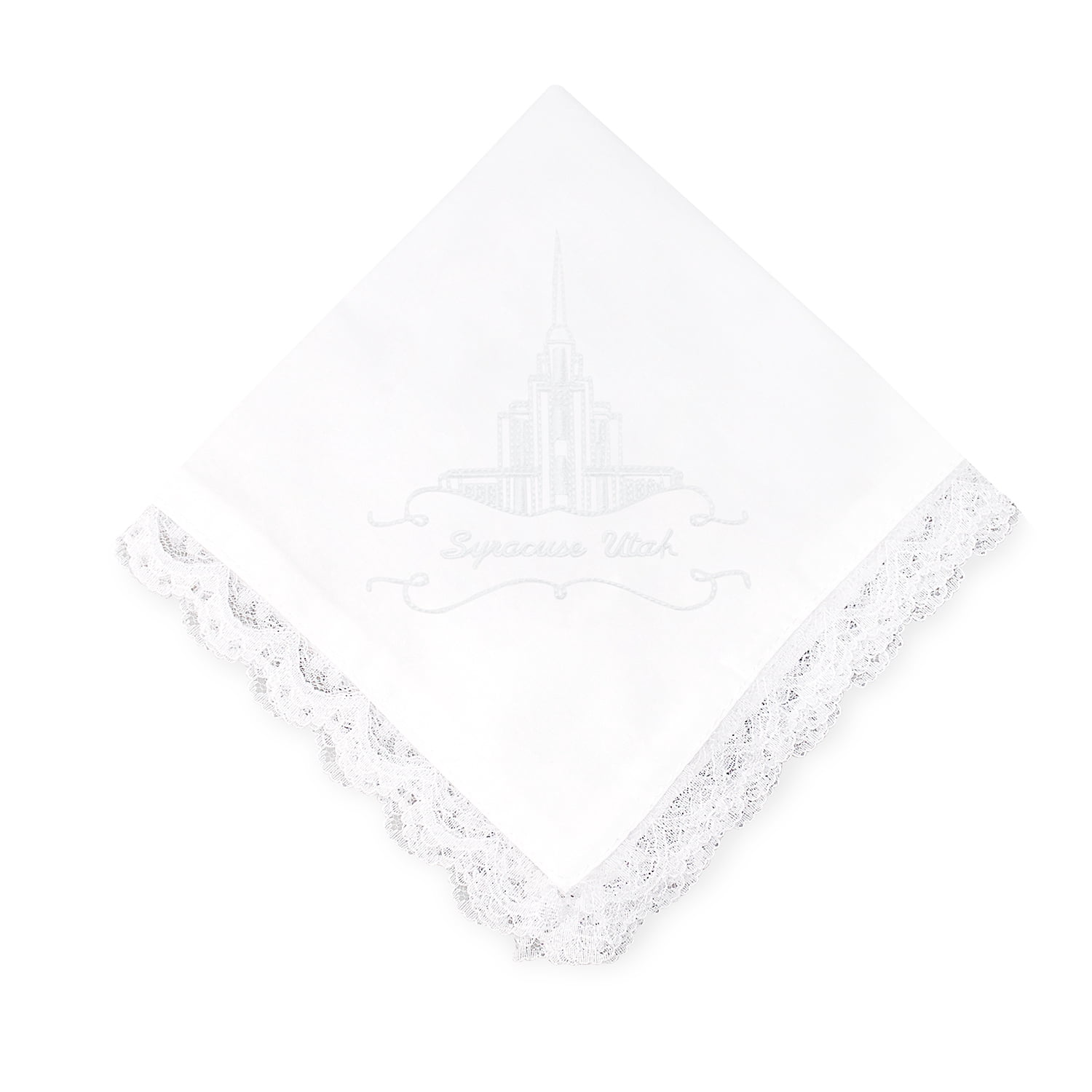 Syracuse Utah Temple Embroidered Handkerchief with Lace by Ringmasters