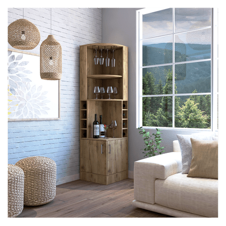 Syrah Corner Bar Cabinet, 8-Bottle Cubbies, Double Door & 2 Open Shelves, Modern Design