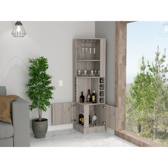 Syrah Corner Bar Cabinet, Eight Bottle Cubbies, Double Door, Two Open Shelves Light Gray