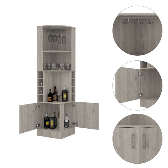 Syrah Corner Bar Cabinet, Eight Bottle Cubbies, Double Door, Two Open Shelves