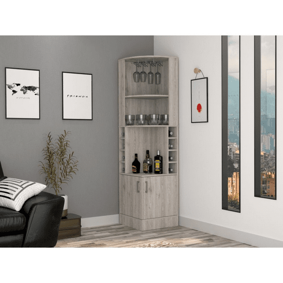 Syrah Corner Bar Cabinet, Eight Bottle Cubbies, Double Door, Two Open Shelves