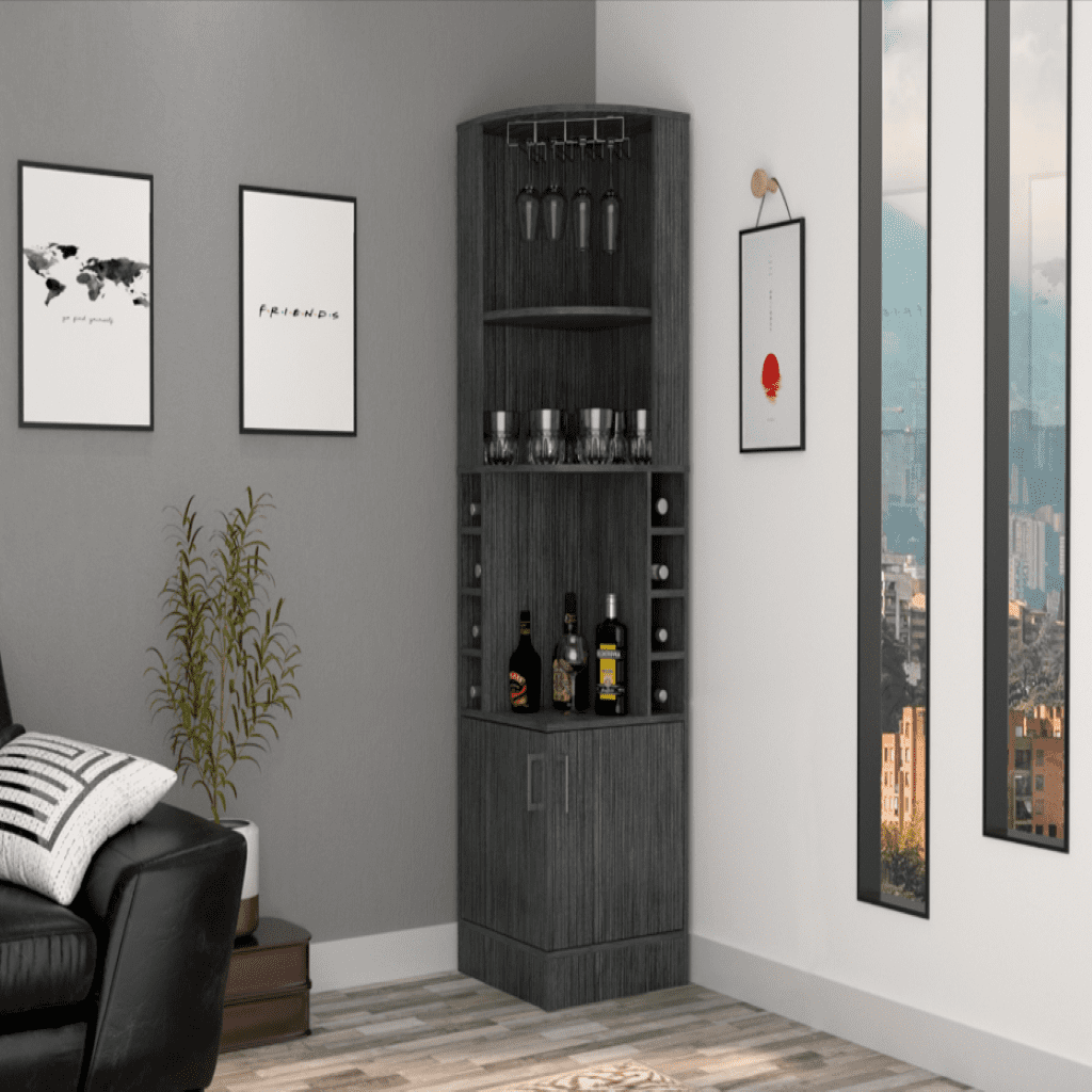 Syrah Corner Bar Cabinet, Eight Bottle Cubbies, Double Door, Two Open Shelves