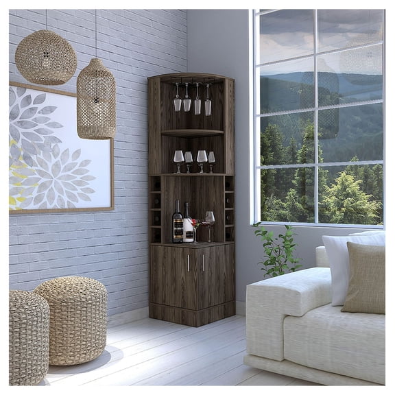 Syrah Corner Bar Cabinet Espresso - Wine & Liquor Storage, 8 Bottle Cubbies, 12 Glass Rack, Two Shelves, Space Saving Corner Design for Home Bar