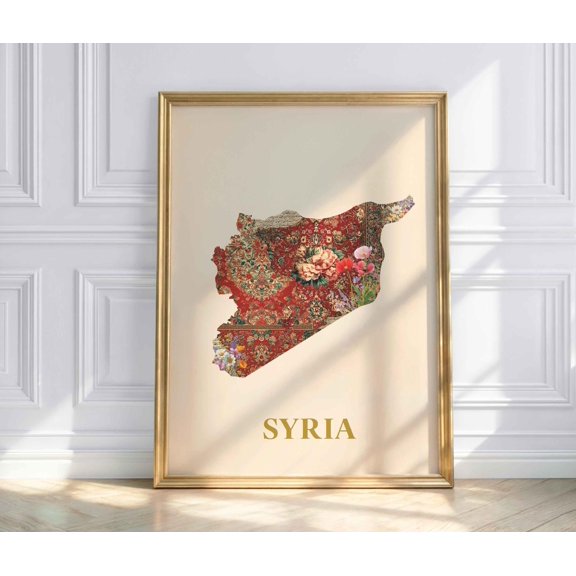 Syria Map Oriental Syria Map With Floral Patterns Cultural Decor Gift Decorative Wall Art Poster , Poster Print Only