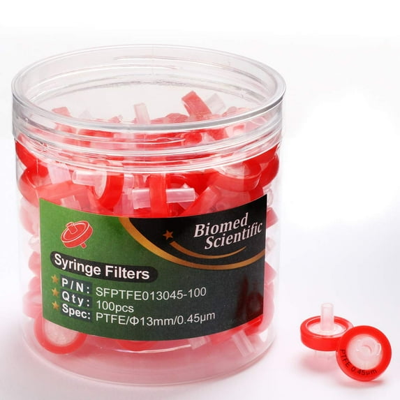 Syringe Filter PTFE Hydrophobic Membrane 100PCS 13mm Disc Diameter 0.45μm Pore Size，HPLC and GC Filter，High Throughput Lab Filtration，Non Sterile,  Barreled Packed