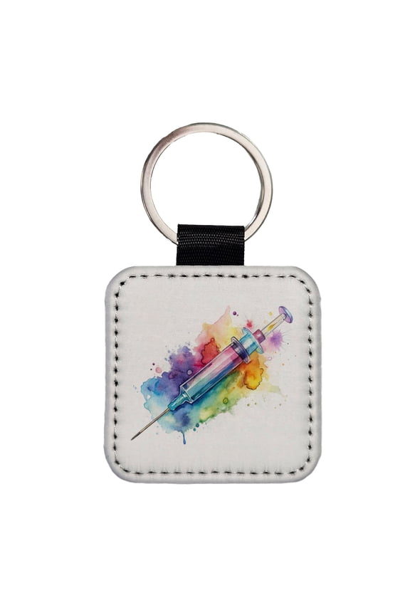 Syringe Shot Medical Vaccine Watercolor Faux Leather Square Keychain