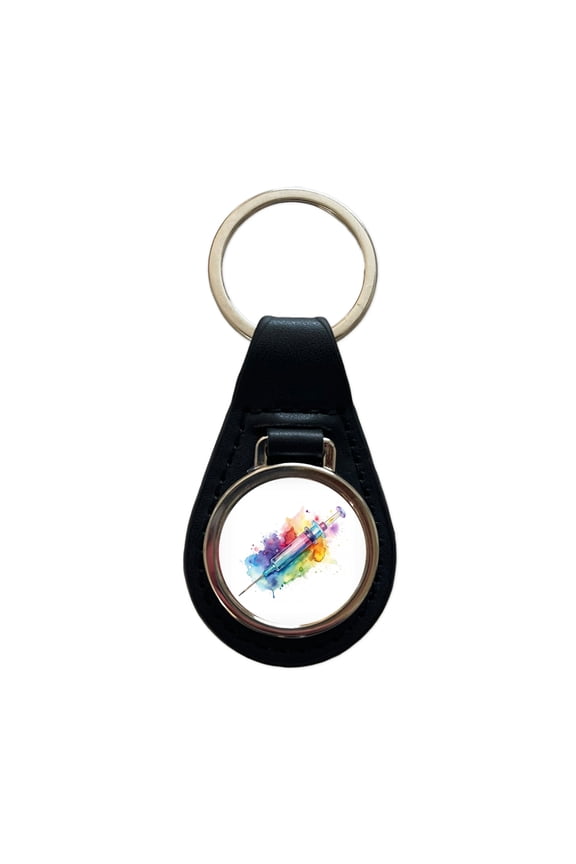 Syringe Shot Medical Vaccine Watercolor Metal Black Leather Keychain
